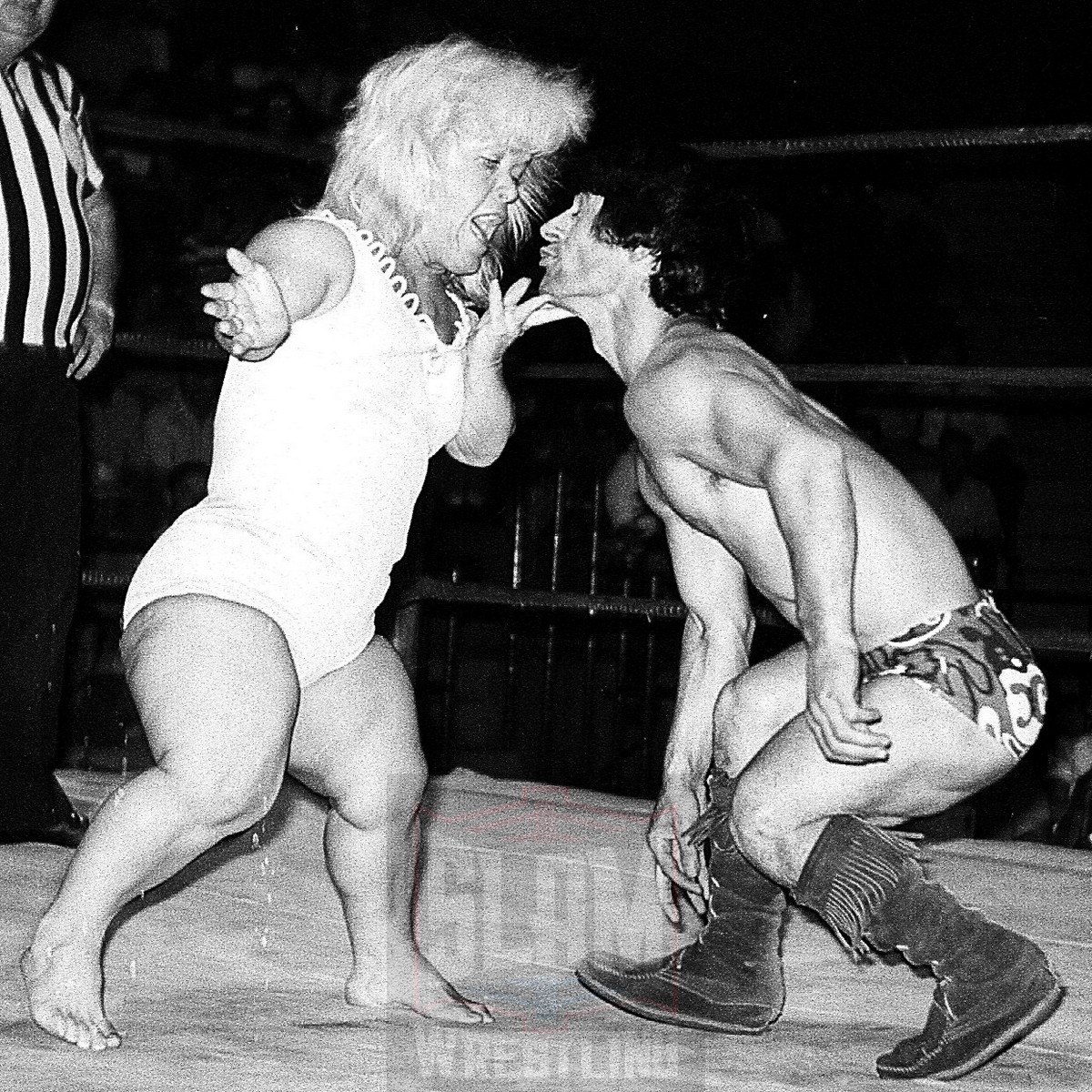 Darling Dagmar battles Frenchy Lamont in a mixed little person match in Stampede Wrestling. Photo by Bob Leonard