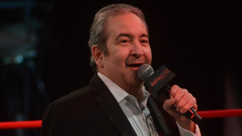 Ring announcer Dave Penzer at Impact Wrestling Sacrifice on Friday, March 24, 2023, at St. Clair College in Windsor, Ontario. Photo by Brad McFarlin