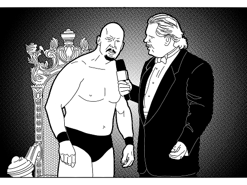 Austin delivers his infamous "Austin 3:16" speech to Dok Hendrix (Michael P.S. Hayes) after winning the 1996 King of the Ring tournament. Illustration by Anthony Ruttgaizer. 