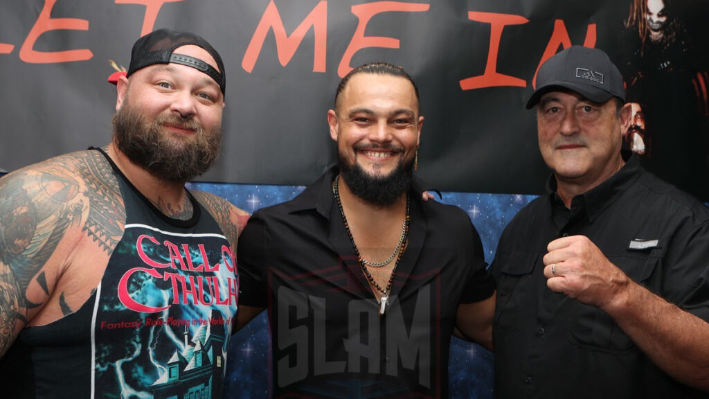 Bray Wyatt, Bo Dallas and their father, Mike Rotunda, at the Legends of the Ring fan fest on Saturday, June 11, 2022, at the Apa Hotel, Iselin, NJ. Photo by George Tahinos, https://georgetahinos.smugmug.com
