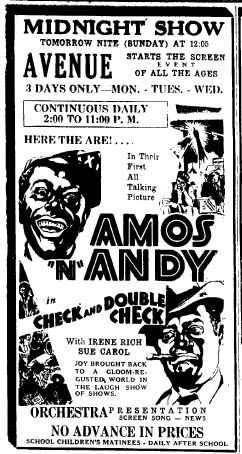 A 1930 newspaper ad for an Amos 'n' Andy film.