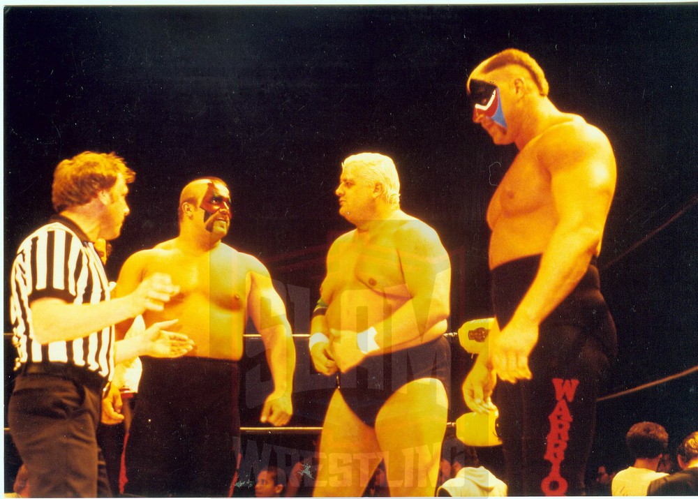 The Road Warriors with Dusty Rhodes. Photo by Mike Lano, wrealano@aol.com