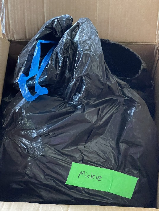 Mickie James's WWE goods, delivered in a garbage bag.