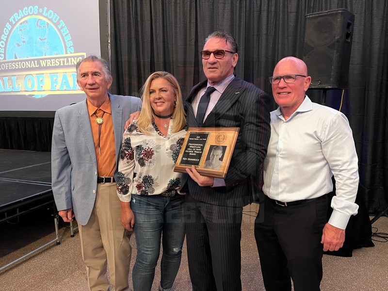 Gerry Brisco, Tonya and Ken Shamrock and the museum's Jim Miller at the George Tragos/Lou Thesz Pro Wrestling Hall of Fame induction weekend, July 16-17, 2021, in Waterloo, Iowa. Photo by John Arezzi