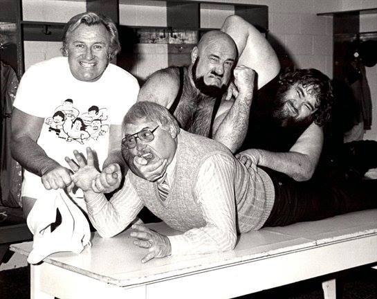 A locker room shot of Nick Bockwinkel, Mad Dog Vachon and Jerry Blackwell triple-teaming Al DeRusha. Photo courtesy Mick Karch