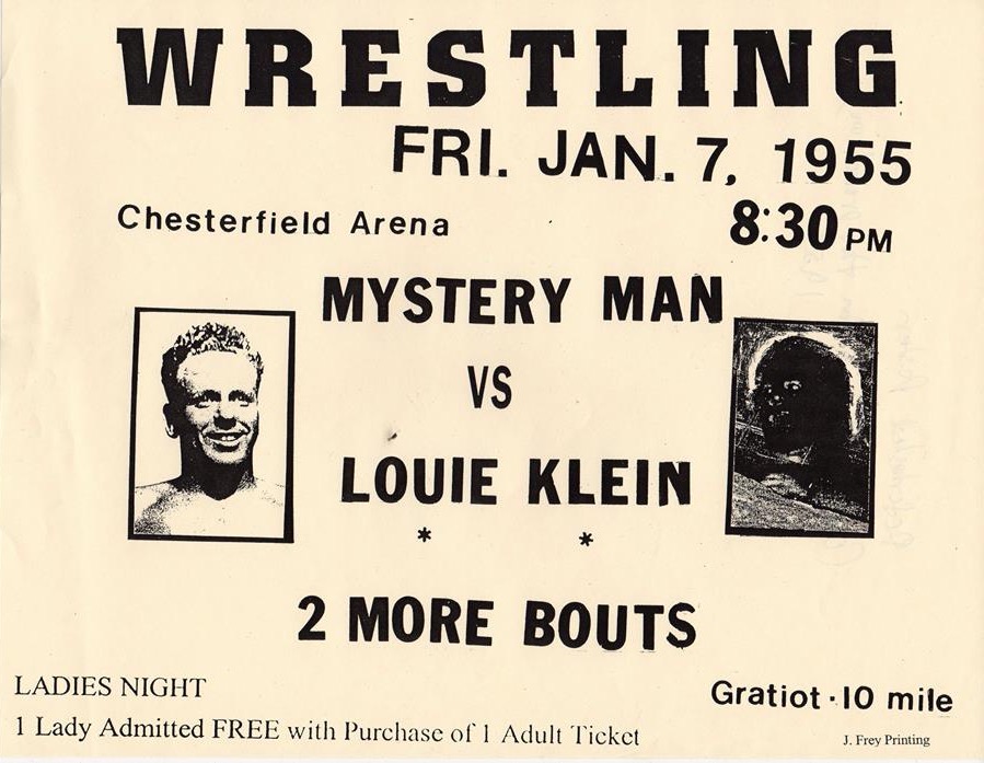A card on January 7, 1955 in Chesterfield, Michigan, with Mystery Man vs Louie Klein