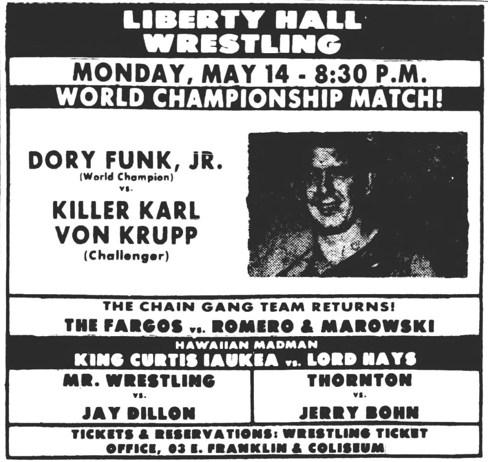 Killer Karl Krupp challenges NWA World champion Dory Funk Jr. on May 14, 1973, in El Paso, Texas.