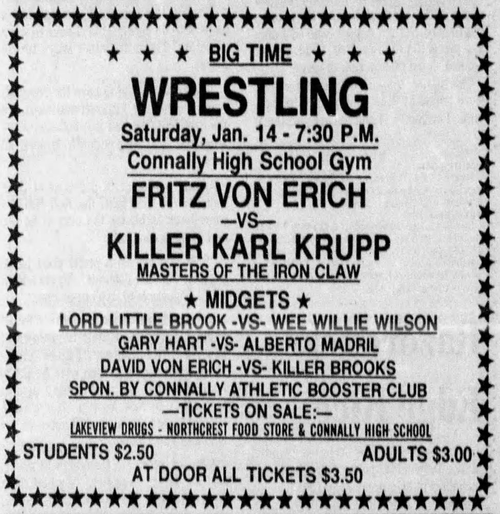 A German battle in the main event in Waco, Texas, on January 14, 1978, as Killer Karl Krupp faces Fritz Von Erich.