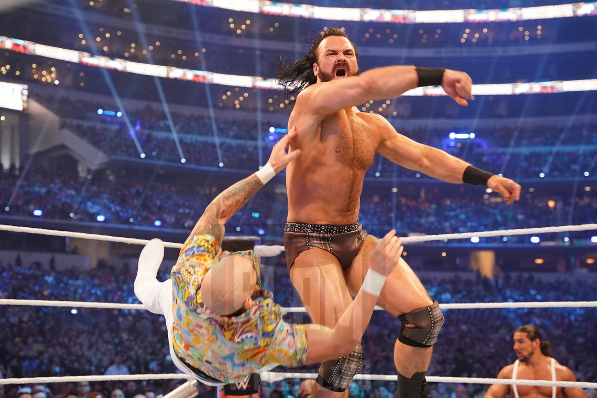 Drew McIntyre vs Happy Corbin at WrestleMania 38 at AT & T Stadium in Arlington, Texas, on April 2, 2022. WWE photo