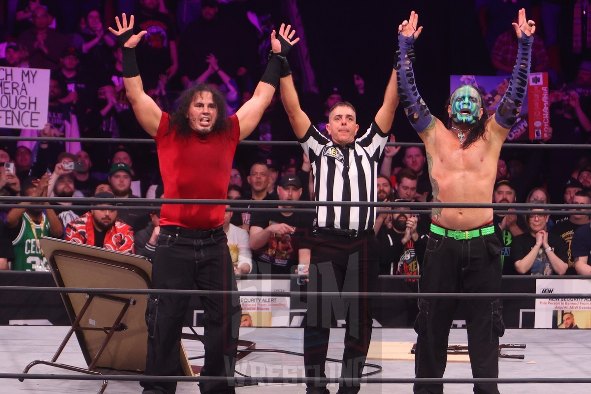 The Butcher And The Blade Vs. The Hardys in a Tag Team Tables Match at the Agganis Arena at AEW Dynamite in Boston, Mass., on Wednesday, April 6, 2022. Photo by George Tahinos, https://georgetahinos.smugmug.com