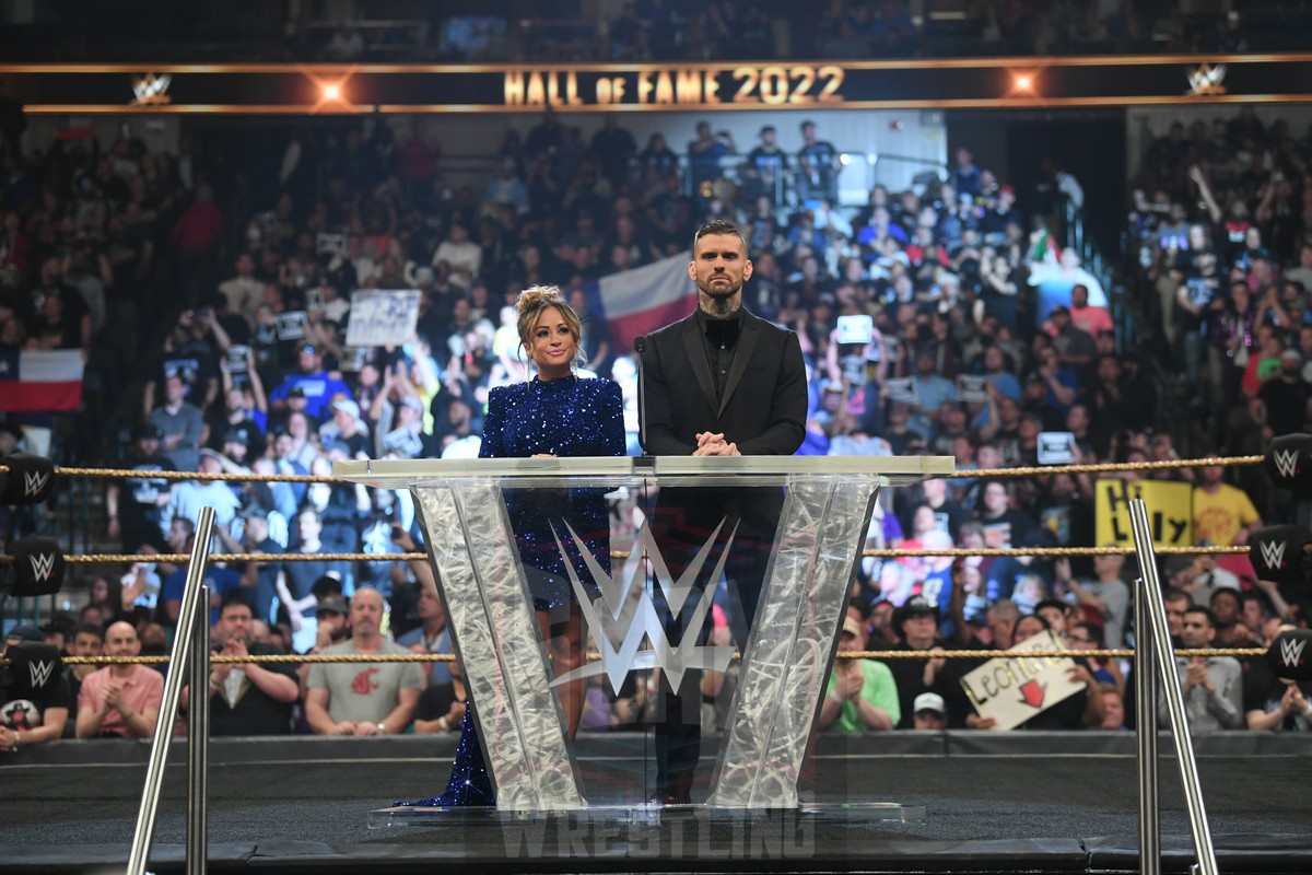 Hosts Kayla Braxton and Corey Graves at the WWE Hall of Fame ceremony on Friday, April 1, 2022, at the American Airlines Center in Dallas, Texas. WWE Photo