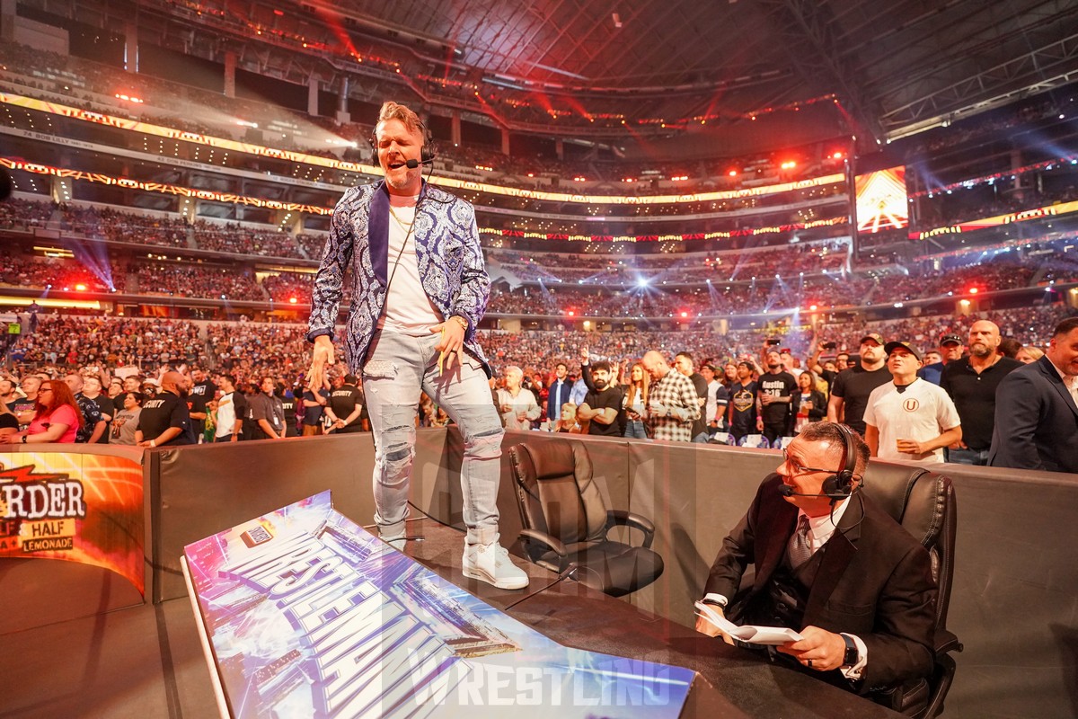Announcers Pat McAfee and Michael Cole at WrestleMania 38 at AT & T Stadium in Arlington, Texas, on April 2, 2022. WWE photo