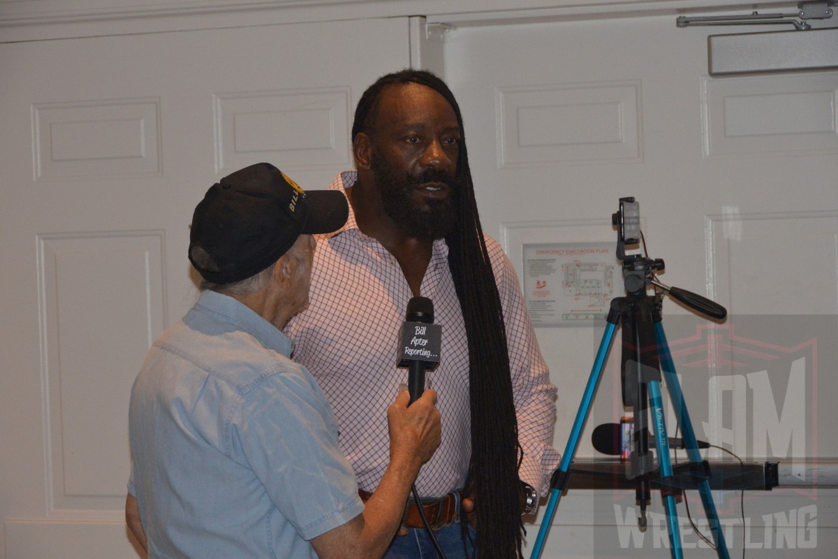 Bill Apter interviews Booker T at the International Professional Wrestling Hall of Fame induction weekend on Saturday, August 27, 2022, at the Desmond Hotel, in Albany, NY. Photo by Wayne Palmer 