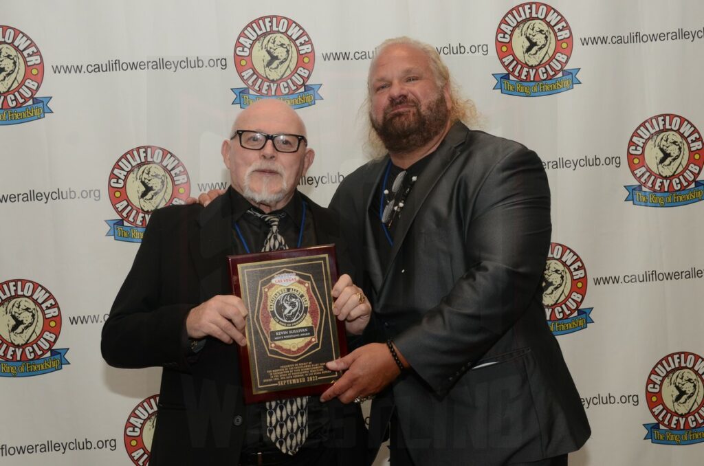 Men's Award winner Kevin Sullivan and his presenter Andrew Anderson at the 2022 Cauliflower Alley Club awards banquet on Wednesday, September 28, 2022, at the Plaza Hotel & Casino in Las Vegas. Photo by Brad McFarlin