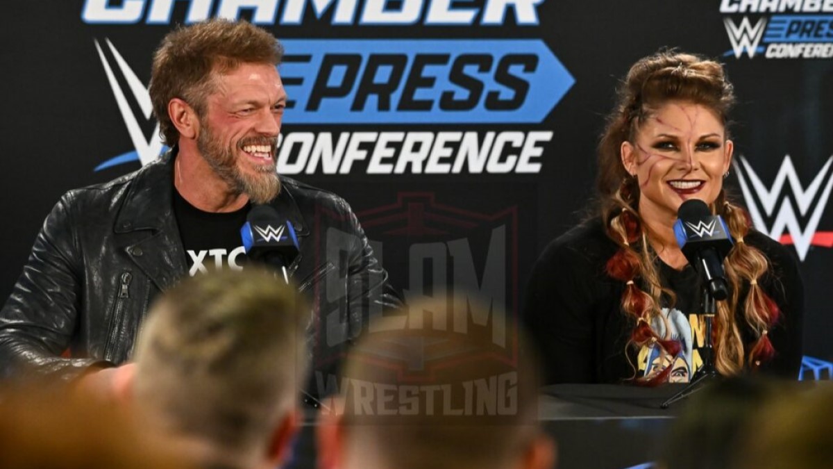 Edge and Beth Phoenix at the post-show press conference after the WWE Elimination Chamber show at Centre Bell in Montreal, Quebec, on Saturday, February 18, 2023. Photo by Minas Panagiotakis, www.photography514.com