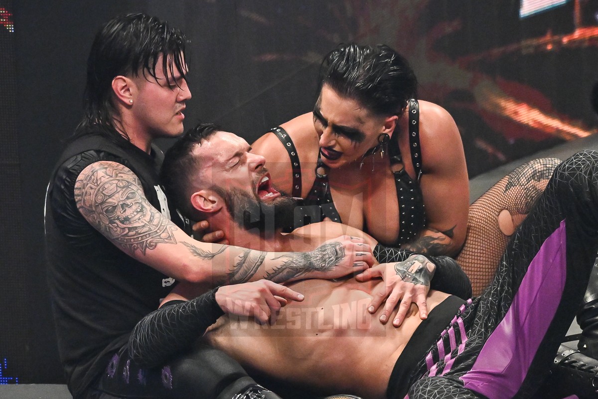 Judgment Day (Finn Bálor & Rhea Ripley) with Dominik Mysterio after their loss at the WWE Elimination Chamber show at Centre Bell in Montreal, Quebec, on Saturday, February 18, 2023. Photo by Minas Panagiotakis, www.photography514.com