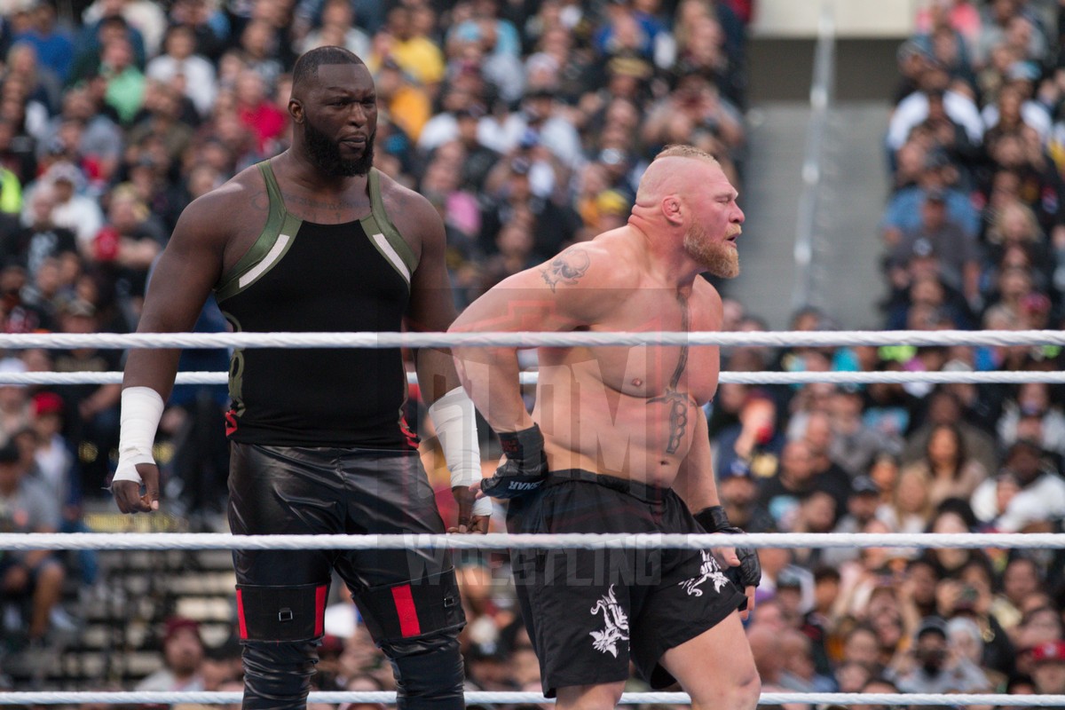 Brock Lesnar Vs. Omos (w/ MVP) at Night 2 of WrestleMania 39 at SoFi Stadium in Inglewood, California, on Sunday, April 2, 2023. Photo by Steve Argintaru, Twitter: @stevetsn Instagram: @stevetsn