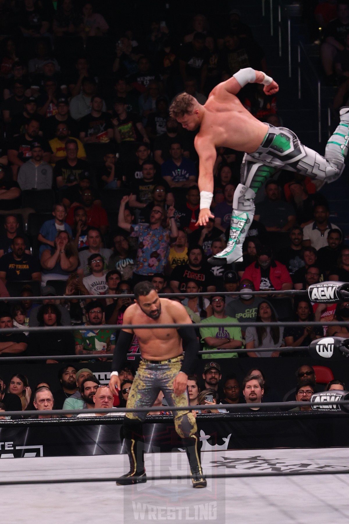 Will Ospreay defies gravity against Rocky Romero at AEW Rampage, taped on Wednesday, June 14, 2023, at the Capitol One Arena in Washington, DC, and aired on June 16, 2023. Photo by George Tahinos, https://georgetahinos.smugmug.com