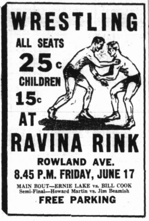 Friday, June 17, 1938Weston, Ontario * Ravina Rink Ernie Lake vs Bill Cook Howard Martin vs Jim Beamish