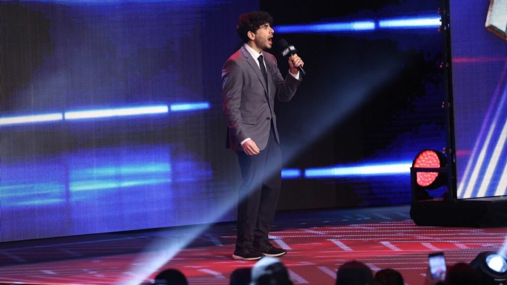 Tony Khan on the mic at MVP Arena, in Albany, on Wednesday, July 26, 2023. Photo by George Tahinos, georgetahinos.smugmug.com