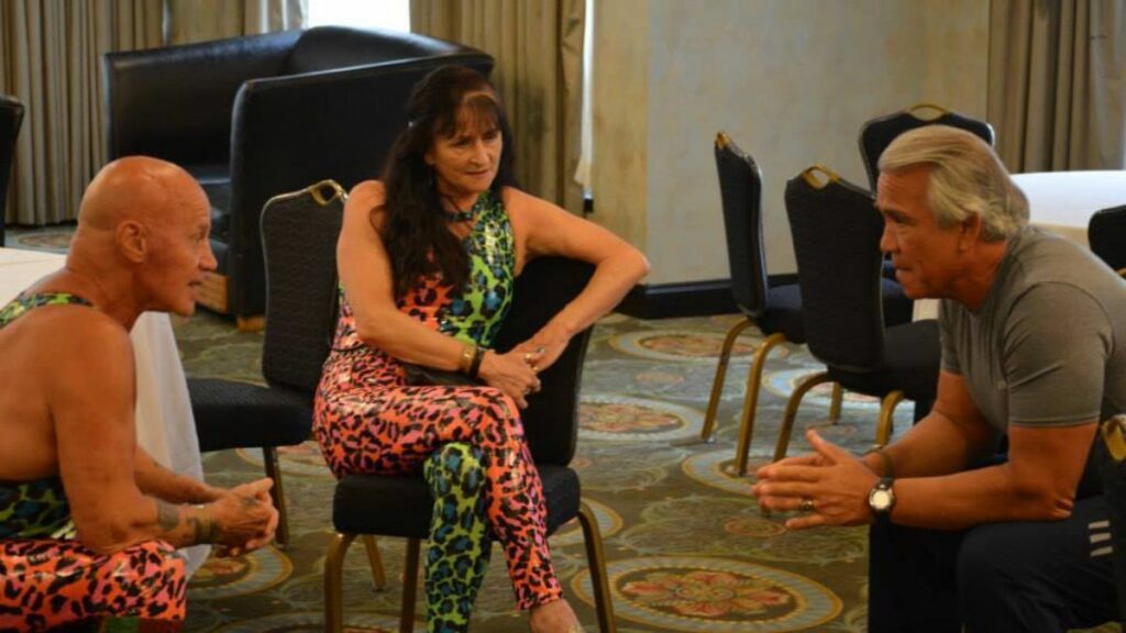 Adrian Street, Miss Linda and Ricky Steamboat chat in 2014. Photo by Peggy Latham