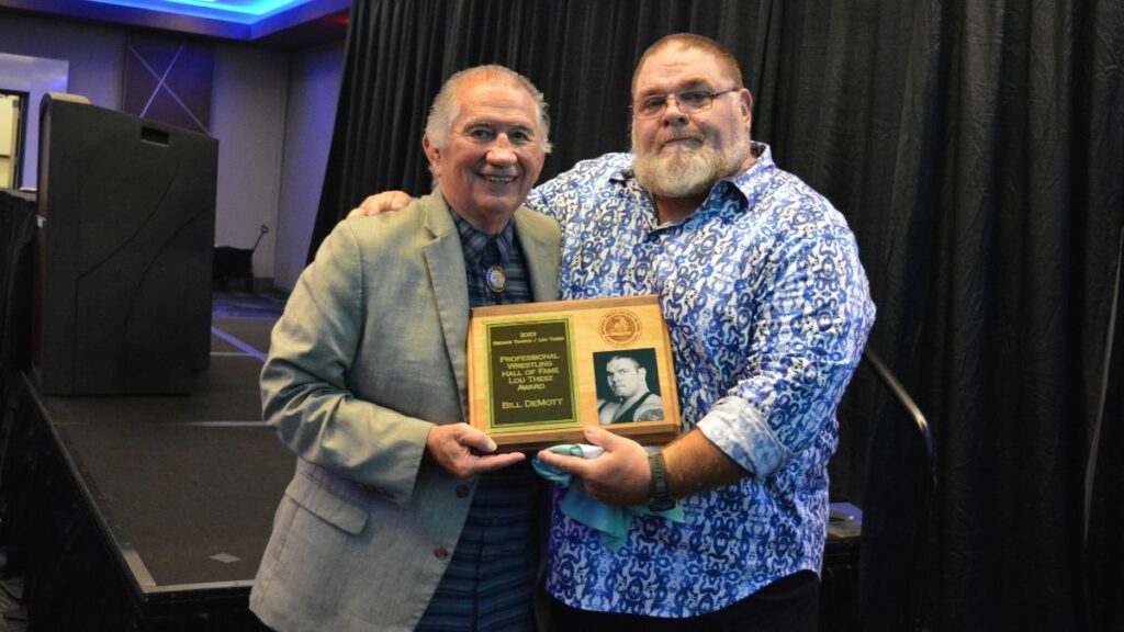 Jerry Brisco and Bill DeMott at the Tragos/Thesz Professional Wrestling Hall of Fame induction on Saturday, July 22, 2023, in Waterloo, Iowa. Photo by Joyce Paustian