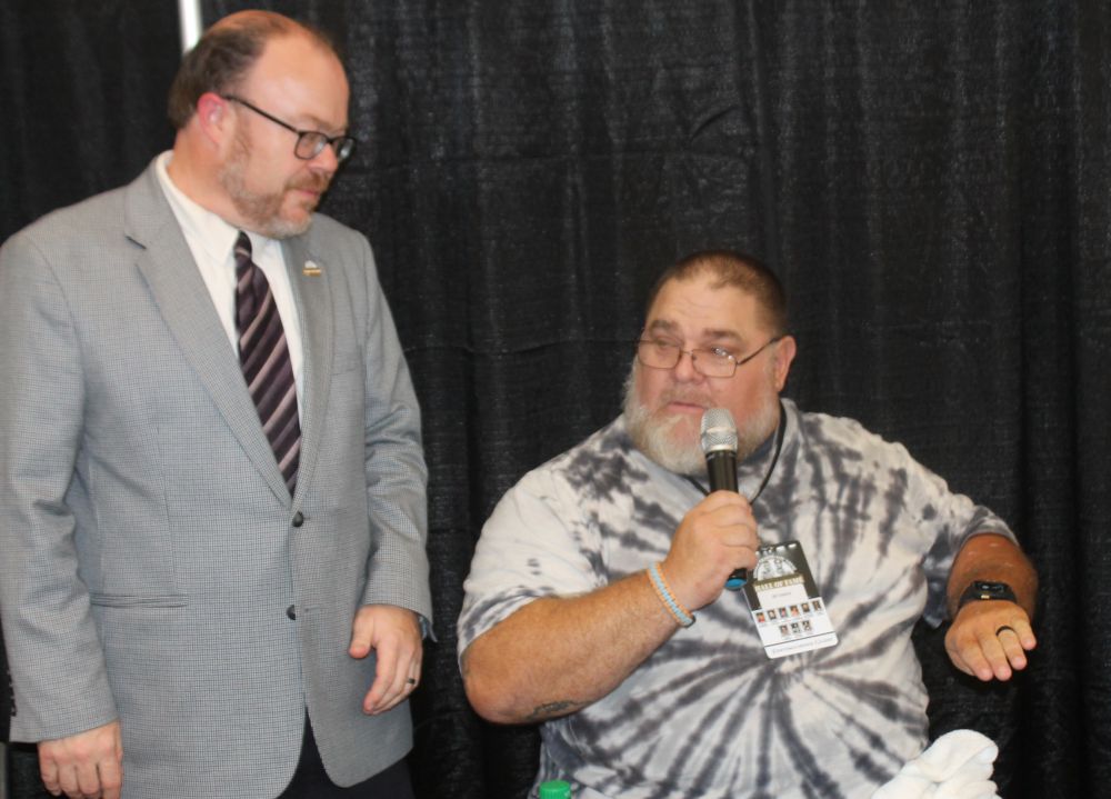 Announcer Chad Olson with Bill DeMott at the Tragos/Thesz Professional Wrestling Hall of Fame induction weekend on Friday, July 21, 2023 in Waterloo, Iowa. Photo by Greg Oliver