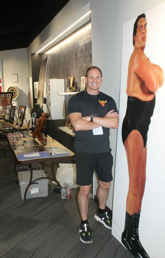 Chris Owens, the leading Andre the Giant collector, at the Tragos/Thesz Professional Wrestling Hall of Fame induction weekend on Saturday, July 22, 2023 in Waterloo, Iowa. Photo by Greg Oliver