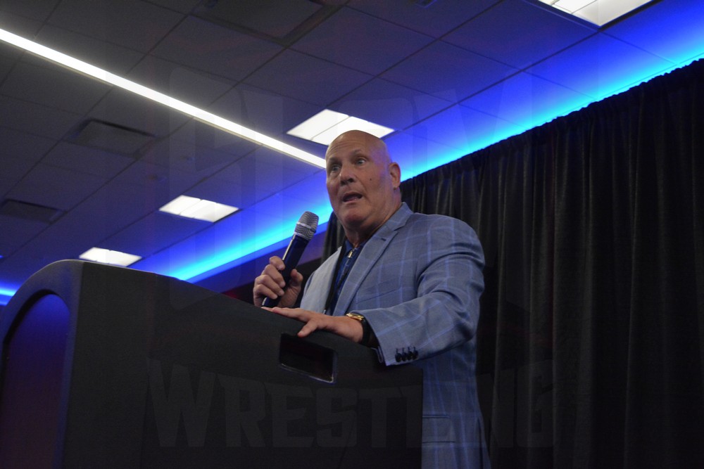 Jody Simon talks about his father, The Great Malenko, at the Tragos/Thesz Professional Wrestling Hall of Fame induction on Saturday, July 22, 2023, in Waterloo, Iowa. Photo by Joyce Paustian