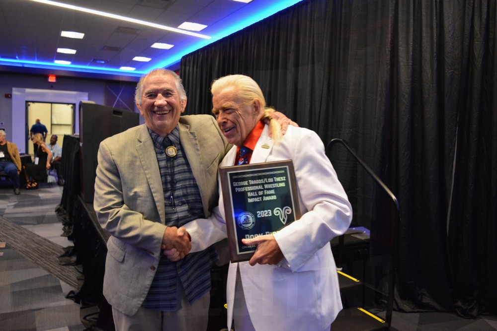 Jerry Brisco and Rock Riddle at the Tragos/Thesz Professional Wrestling Hall of Fame induction on Saturday, July 22, 2023, in Waterloo, Iowa. Photo by Joyce Paustian