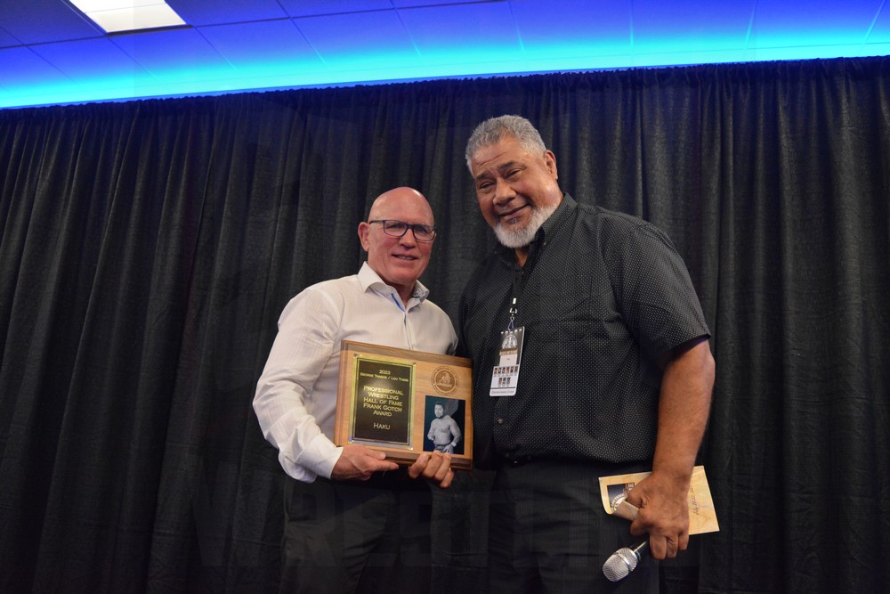 Museum Director Jim Miller and Haku at the Tragos/Thesz Professional Wrestling Hall of Fame induction on Saturday, July 22, 2023, in Waterloo, Iowa. Photo by Joyce Paustian