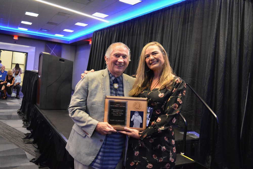 Jerry Brisco and Monica Anoa'i-Albright at the Tragos/Thesz Professional Wrestling Hall of Fame induction on Saturday, July 22, 2023, in Waterloo, Iowa. Photo by Joyce Paustian