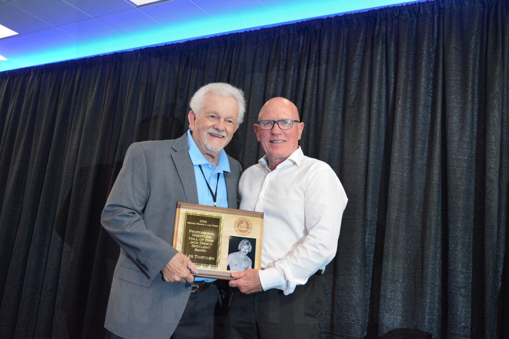 Les Thatcher and Museum Director Jim Miller at the Tragos/Thesz Professional Wrestling Hall of Fame induction on Saturday, July 22, 2023, in Waterloo, Iowa. Photo by Joyce Paustian