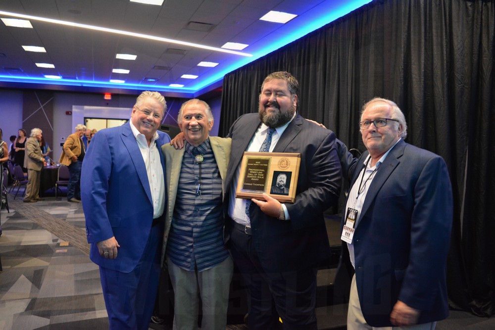 Bruce Prichard, Jerry Brisco, Conrad Thompson and Jonard Solie at the Tragos/Thesz Professional Wrestling Hall of Fame induction on Saturday, July 22, 2023, in Waterloo, Iowa. Photo by Joyce Paustian