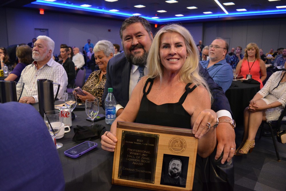Megan Flair and Conrad Thompson at the Tragos/Thesz Professional Wrestling Hall of Fame induction on Saturday, July 22, 2023, in Waterloo, Iowa. Photo by Joyce Paustian