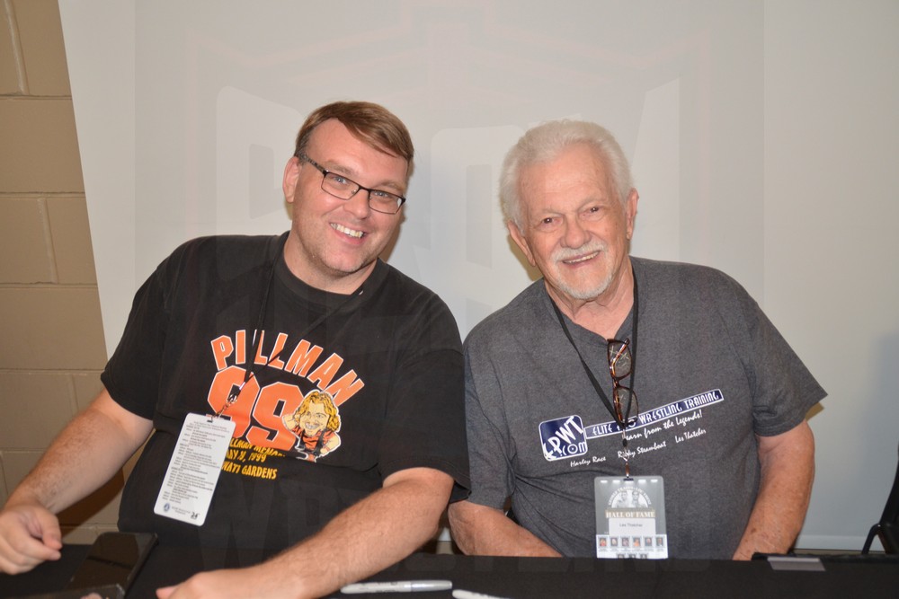 Joe Dombrowski and Les Thatcher at the Tragos/Thesz Professional Wrestling Hall of Fame induction weekend on Friday, July 21, 2023, in Waterloo, Iowa. Photo by Wayne Palmer