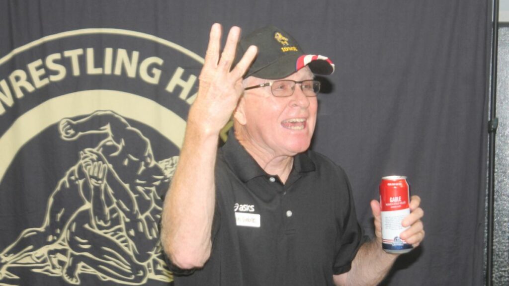 Dan Gable with his namesake beer at the start of the Tragos/Thesz Professional Wrestling Hall of Fame induction weekend on Thursday, July 20, 2023. Photo by Greg Oliver