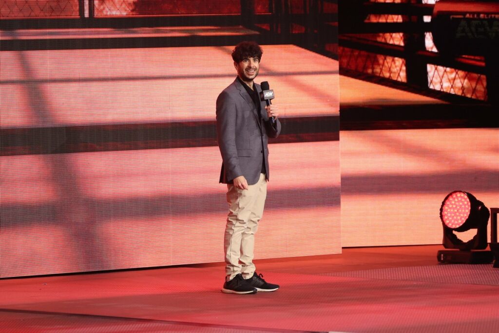 Tony Khan on the mic at TD Garden, in Boston, on Wednesday, July 19, 2023. Photo by George Tahinos, georgetahinos.smugmug.com