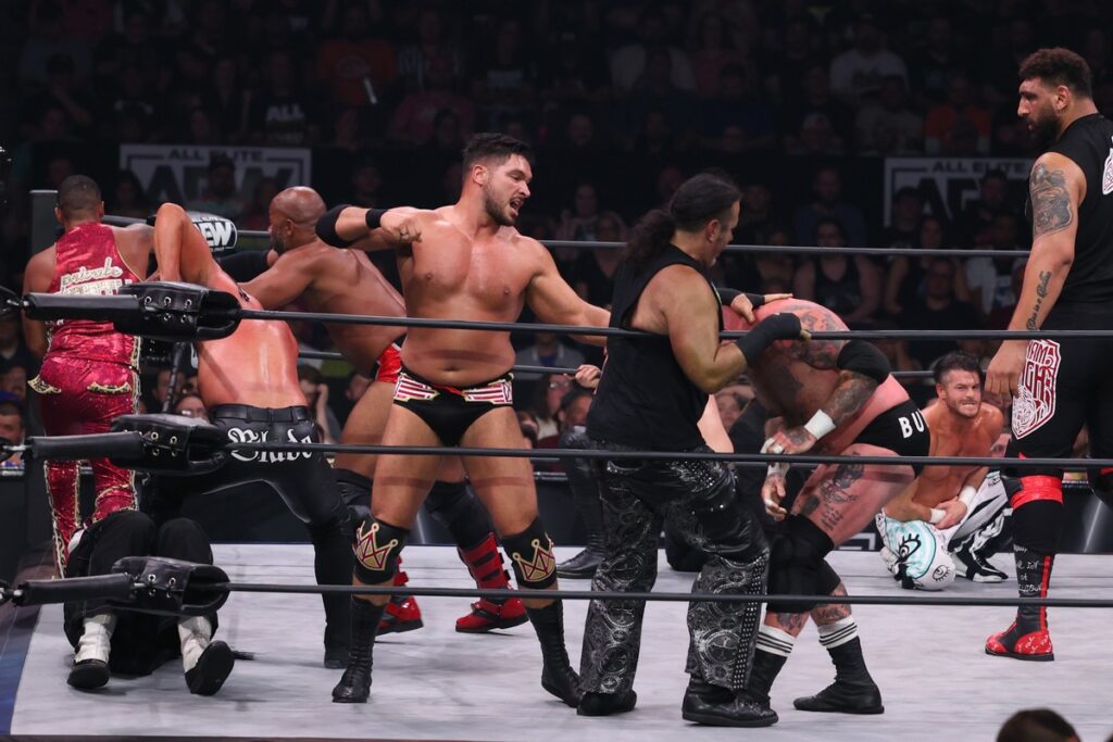 Big Bill & Brian Cage, The Butcher & The Blade, Ethan Page & Brother Zay, The Hardys, Matt Menard & Angelo Parker, Serpentico & Luther, Jay Lethal & Satnam Singh, Christopher Daniels & Matt Sydal, compete in a tag team battle royale to earn a future AEW World Tag Team Championship match at MVP Arena, in Albany, on Wednesday, July 26, 2023. Photo by George Tahinos, georgetahinos.smugmug.com