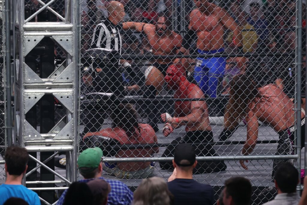 The Golden Elite(Kenny Omega, "Hangman" Adam Page, Matt Jackson, Nick Jackson, and Kota Ibushi) vs Blackpool Combat Club (Jon Moxley, Claudio Castagnoli, and Wheeler Yuta), Konosuke Takeshita, and Pac in Blood and Guts match at TD Garden, in Boston, on Wednesday, July 19, 2023. Photo by George Tahinos, georgetahinos.smugmug.com