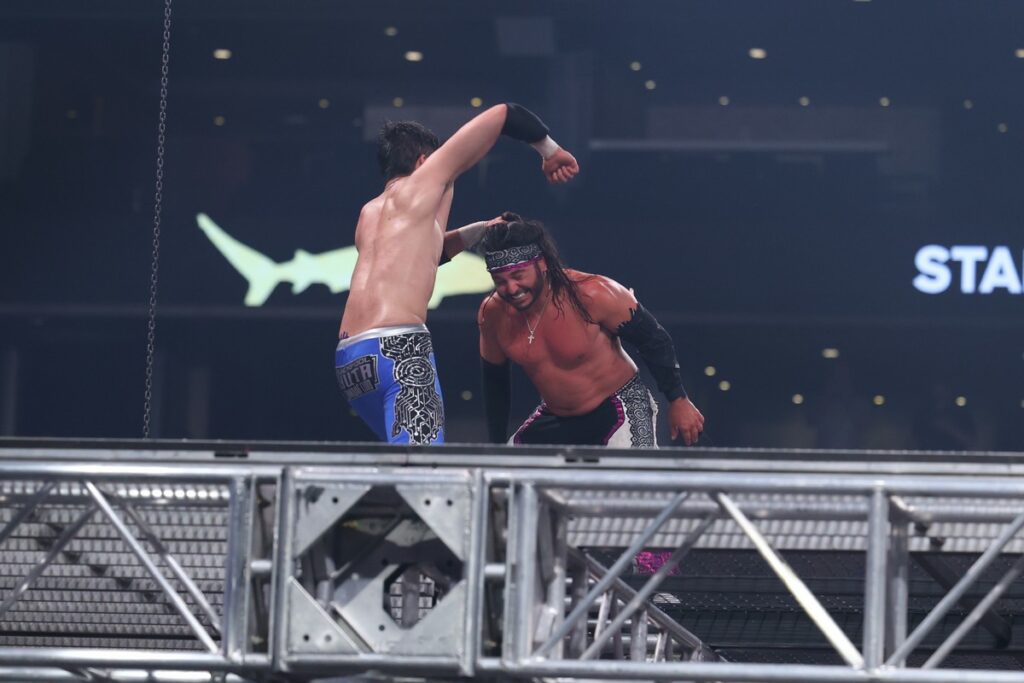 The Golden Elite(Kenny Omega, "Hangman" Adam Page, Matt Jackson, Nick Jackson, and Kota Ibushi) vs Blackpool Combat Club (Jon Moxley, Claudio Castagnoli, and Wheeler Yuta), Konosuke Takeshita, and Pac in Blood and Guts match at TD Garden, in Boston, on Wednesday, July 19, 2023. Photo by George Tahinos, georgetahinos.smugmug.com