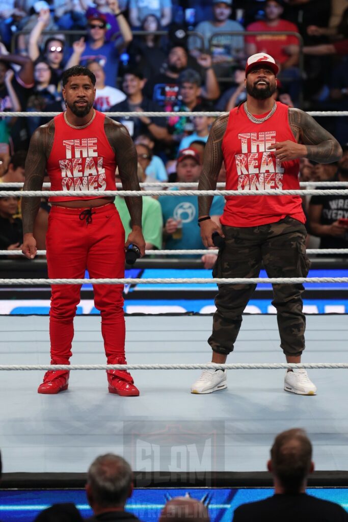 Jimmy and Jey Uso meet with Roman Reigns, Solo Sikoa with Paul Heyman to start off Smackdown at Madison Square Garden, in New York City, on Friday, July 7, 2023. Photo by George Tahinos, georgetahinos.smugmug.com. 