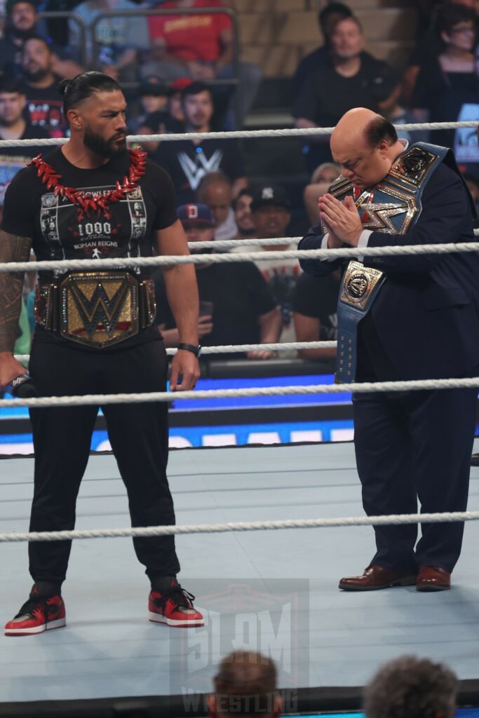 Jimmy and Jey Uso meet with Roman Reigns, Solo Sikoa with Paul Heyman to start off Smackdown at Madison Square Garden, in New York City, on Friday, July 7, 2023. Photo by George Tahinos, georgetahinos.smugmug.com. 