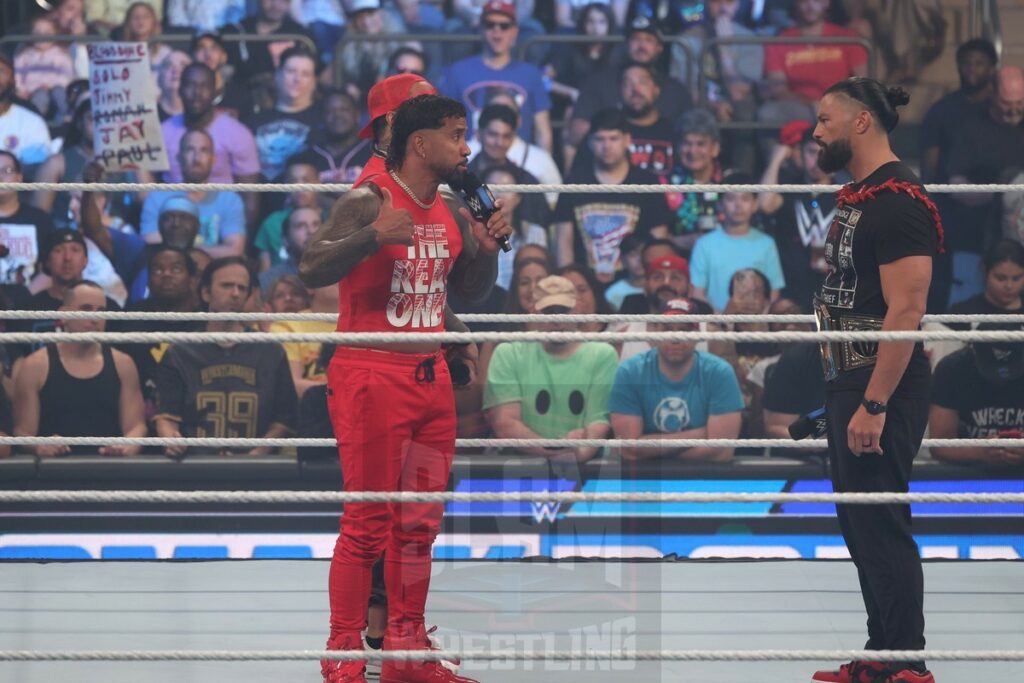 Jimmy and Jey Uso meet with Roman Reigns, Solo Sikoa with Paul Heyman to start off Smackdown at Madison Square Garden, in New York City, on Friday, July 7, 2023. Photo by George Tahinos, georgetahinos.smugmug.com. 