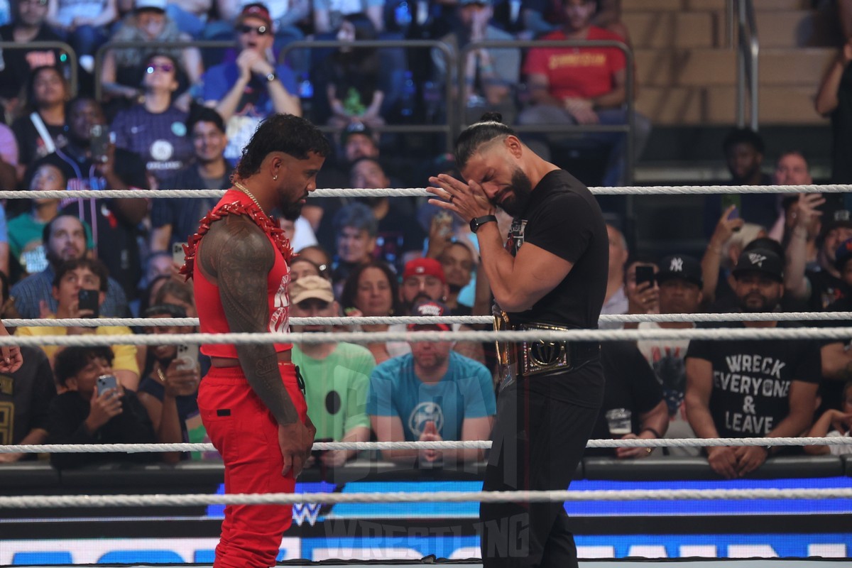 Jimmy and Jey Uso meet with Roman Reigns, Solo Sikoa with Paul Heyman to start off Smackdown at Madison Square Garden, in New York City, on Friday, July 7, 2023. Photo by George Tahinos, georgetahinos.smugmug.com. 