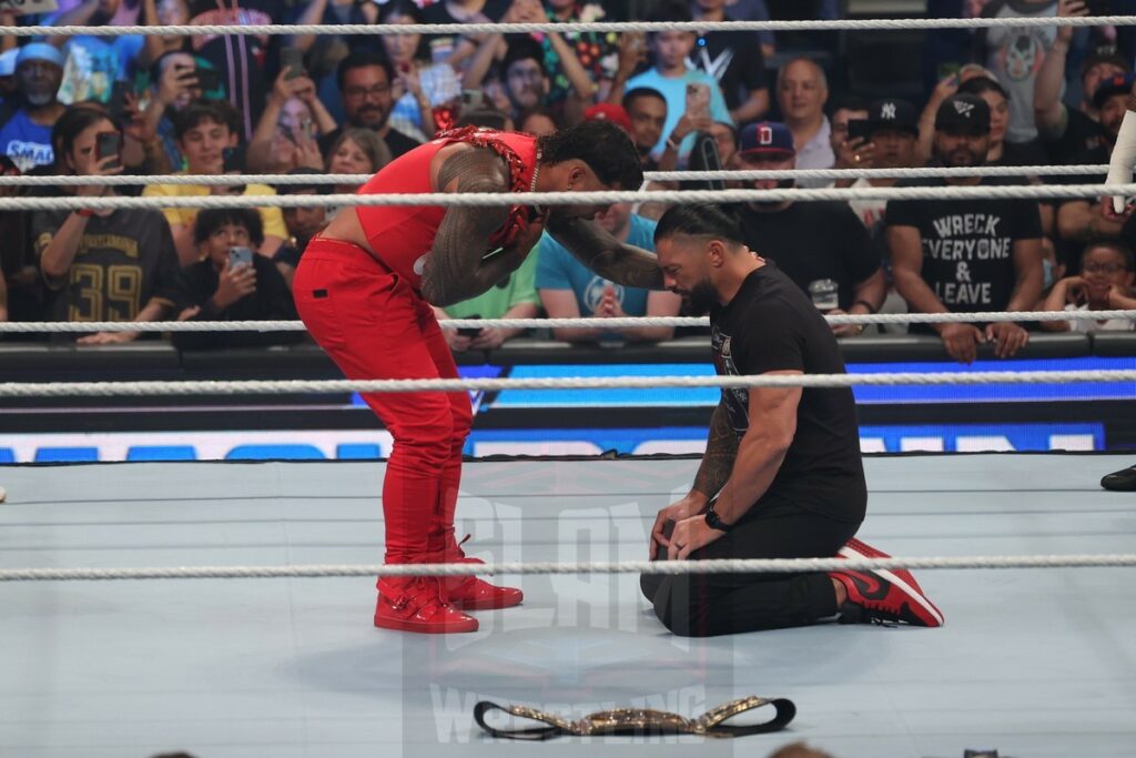 Jimmy and Jey Uso meet with Roman Reigns, Solo Sikoa with Paul Heyman to start off Smackdown at Madison Square Garden, in New York City, on Friday, July 7, 2023. Photo by George Tahinos, georgetahinos.smugmug.com. 