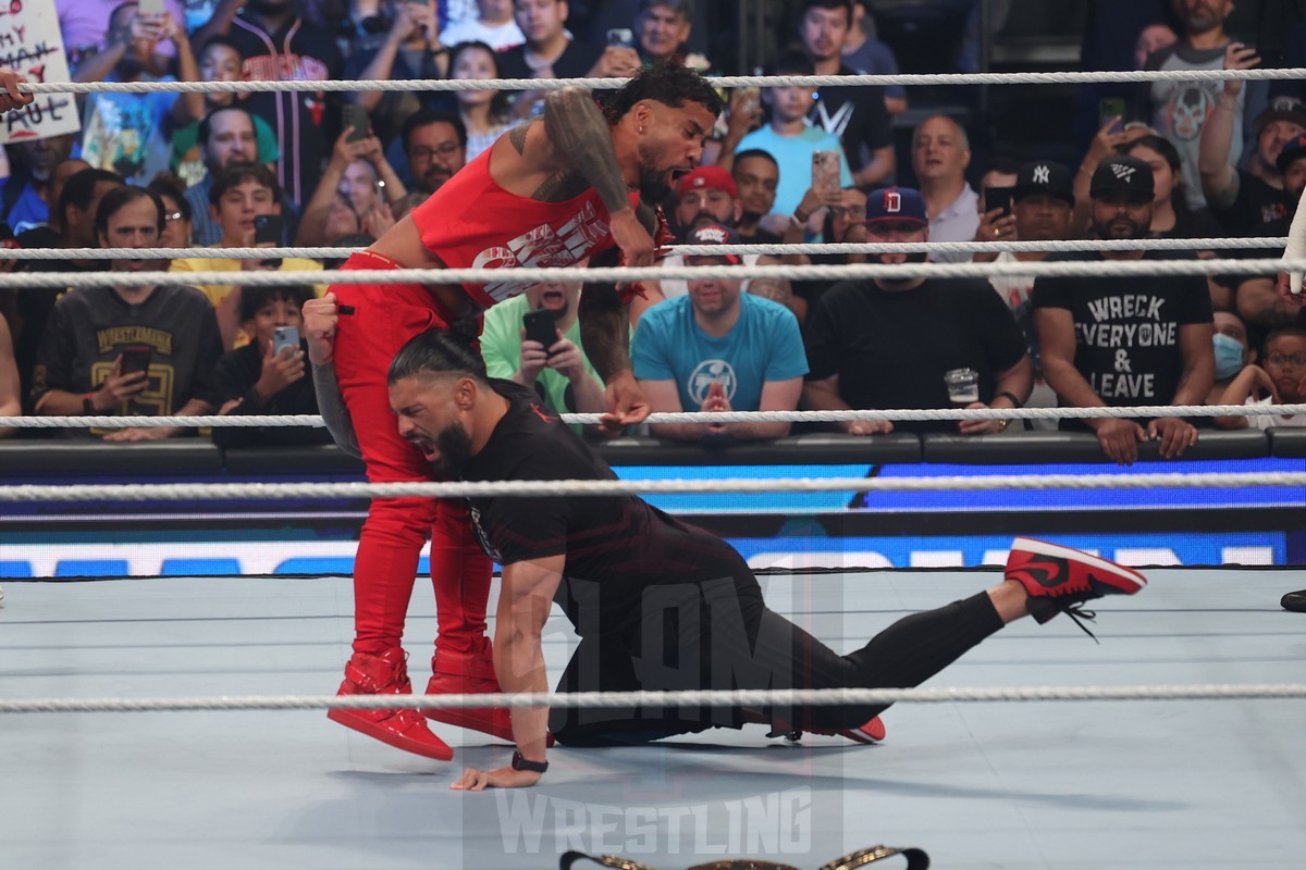 Jimmy and Jey Uso meet with Roman Reigns, Solo Sikoa with Paul Heyman to start off Smackdown at Madison Square Garden, in New York City, on Friday, July 7, 2023. Photo by George Tahinos, georgetahinos.smugmug.com. 