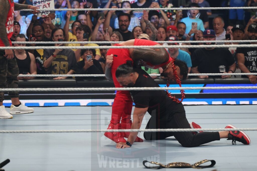 Jimmy and Jey Uso meet with Roman Reigns, Solo Sikoa with Paul Heyman to start off Smackdown at Madison Square Garden, in New York City, on Friday, July 7, 2023. Photo by George Tahinos, georgetahinos.smugmug.com. 