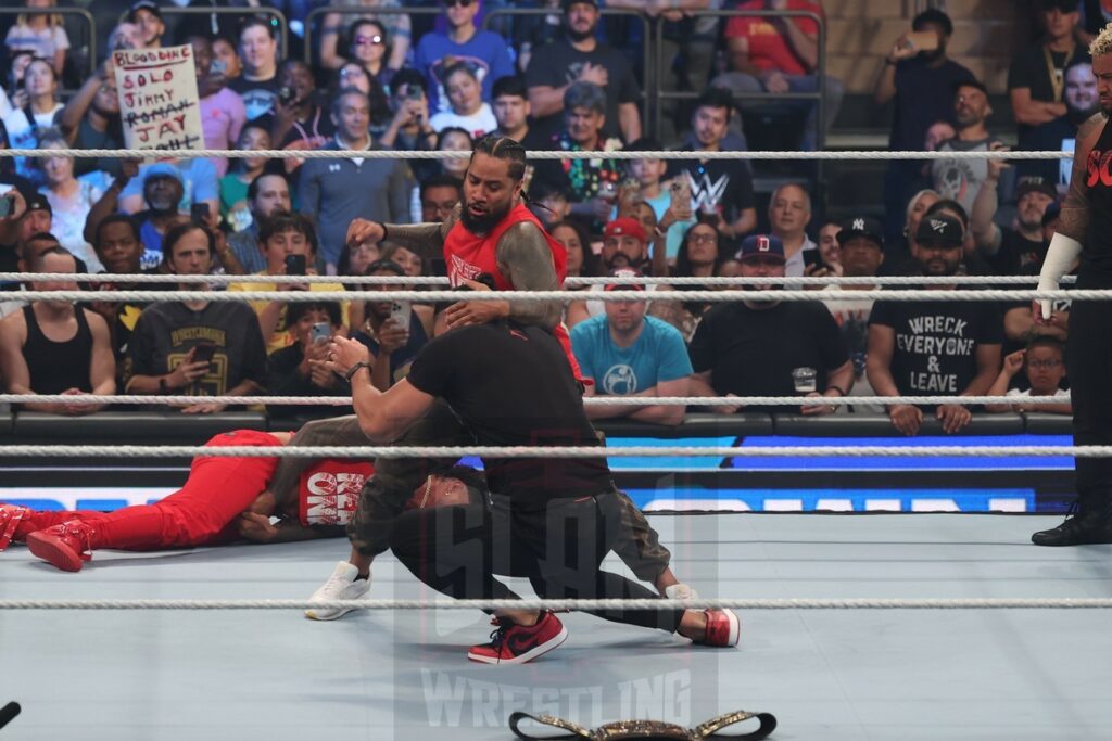 Jimmy and Jey Uso meet with Roman Reigns, Solo Sikoa with Paul Heyman to start off Smackdown at Madison Square Garden, in New York City, on Friday, July 7, 2023. Photo by George Tahinos, georgetahinos.smugmug.com. 