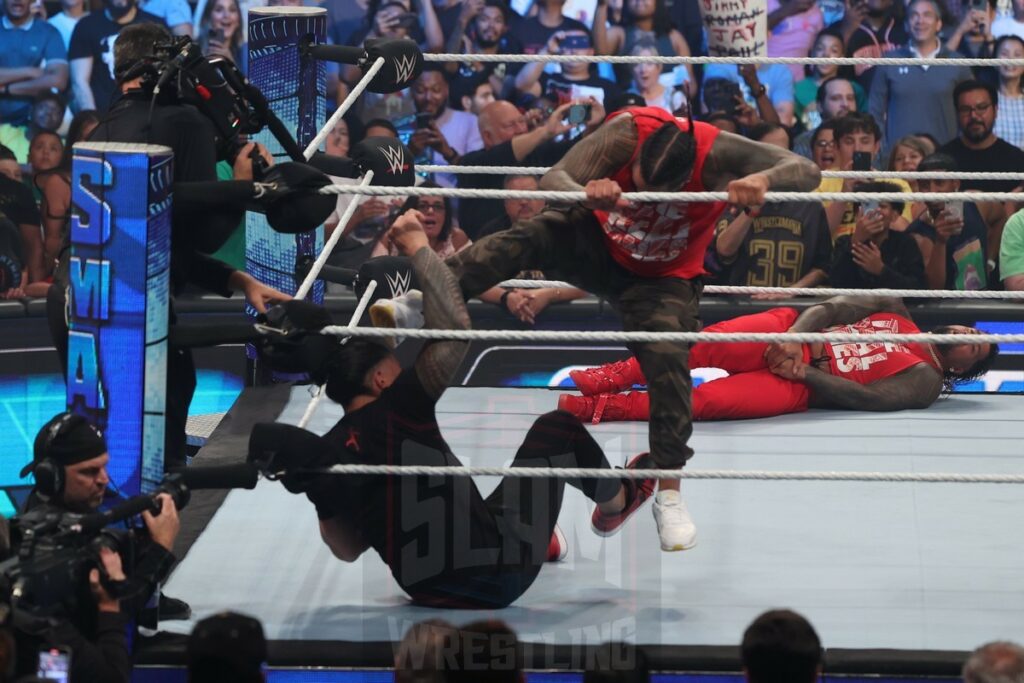 Jimmy and Jey Uso meet with Roman Reigns, Solo Sikoa with Paul Heyman to start off Smackdown at Madison Square Garden, in New York City, on Friday, July 7, 2023. Photo by George Tahinos, georgetahinos.smugmug.com. 